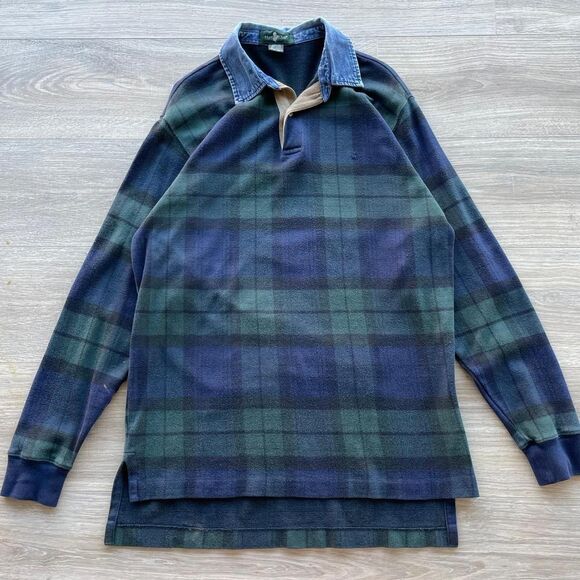 Vintage 90's Men's Medium Green and Navy Polo Shirt Denim Collar Rugby Bro Lad - Picture 1 of 8